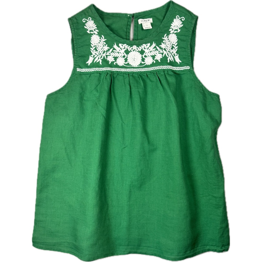 J.Crew Sleeveless Top Womens 10 Green Embroidered Linen Cotton Blend Tank